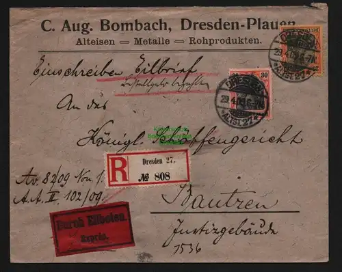 B12047 Brief DR Germania Eilboten Einschreiben Dresden nach Bautzen 1909 88 89 I