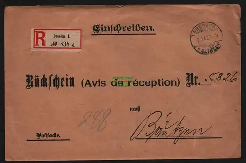 B12027 Brief DR Rücksein Avis de reception Dresden 1907 nach Bautzen