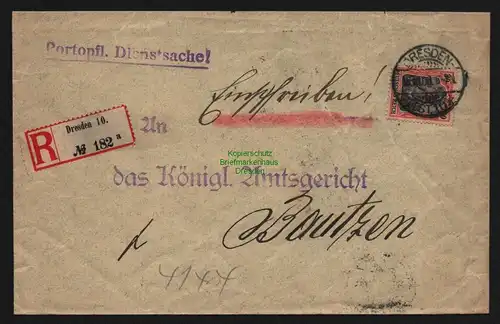 B12048 Brief DR Germania Einschreiben Dresden nach Bautzen 1908 89 I EF Portopfl