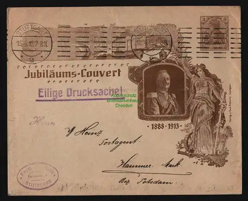 B12084 DR Jubiläums Couvert Privatganzsache 1888 1913 Kaiser Germania Stuttgart