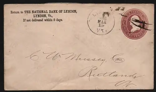 B11865 USA Brief 1886 Lyndon VT to Rutland