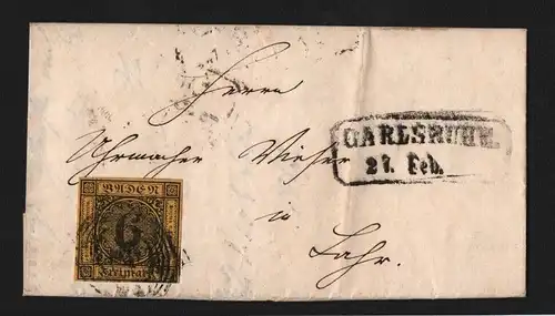 B11704 Brief Baden 7 24 Carlsruhe 1857 nach Lohr Kurzbefund Stegmüller