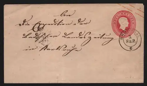 B11716 Brief Baden U9 Ganzsache Bruchsal nach Karlsruhe Badische Bahnpost 1863