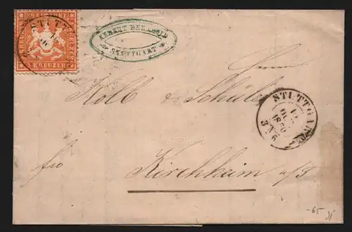 B11752 Brief Württemberg 17x Stuttgart 1860 nach Kirchheim T. gepr. Thoma BPP