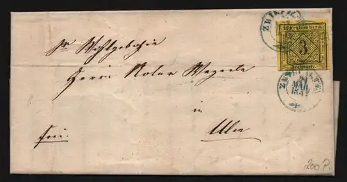 B11818 Brief Württemberg 2a gepr. Thoma BPP Zwiefalten blau 1852 nach Ulm