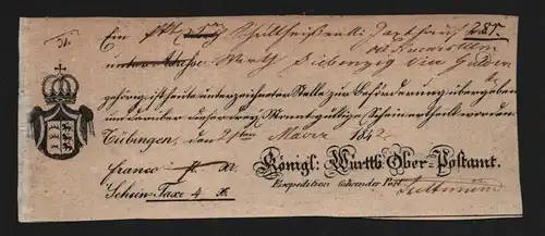 B11800 Brief Württemberg Postschein Tübingen 1842