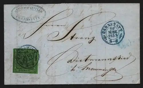 B11741 Brief Württemberg 3a gepr Irtenkauf BPP Cannstadt 1853 blau Dietmannsried