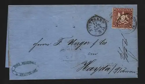 B11761 Brief Württemberg 28c gepr. Heinrich BPP Stuttgart nach Hayda Böhmen 1864