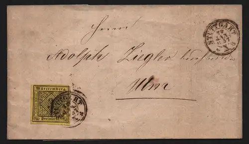 B11738 Brief Württemberg 2a V Stuttgart 1857 nach Ulm Rechnung Papierfabrik