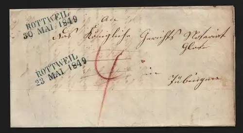 B11793 Brief Württemberg Rottweil 1849 nach Tübingen und retour Doppelverwendung
