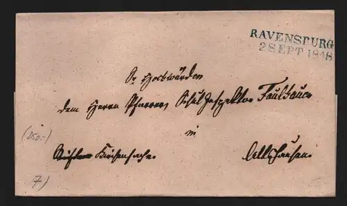 B11813 Brief Württemberg Ravensburg 1848 blau leere Faltbriefhülle