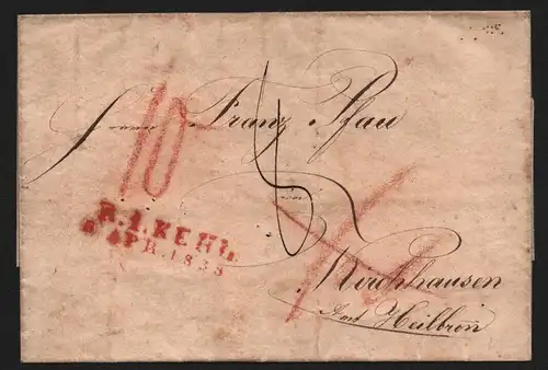 B11814 Brief Württemberg Kehl 1838 nach Kirchhausen Amt Heilbronn