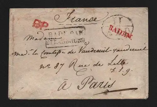 B11787 Baden kleiner Brief 9,5 x 6,3 cm nach Paris Baden par Strasburg 1831
