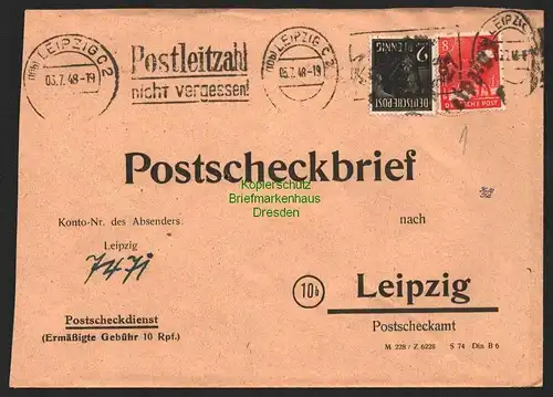 h5988 SBZ Handstempel Bezirk 27 Leipzig Postscheckbrief 2, 8 Pfg. 3.7.48 Leipzig