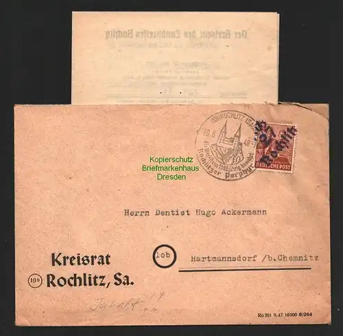 h5957 SBZ Handstempel Bezirk 27 Rochlitz Brief 30.6.48 Kreisrat Hartmannsdorf