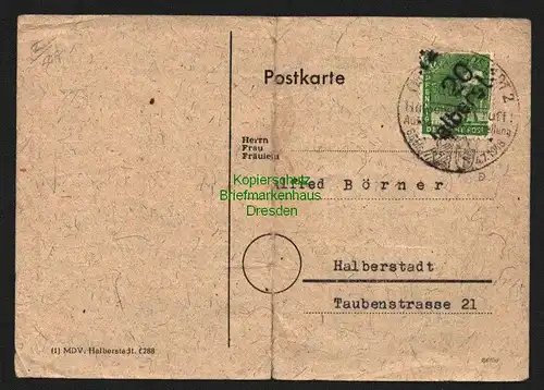 h5826 SBZ Handstempel Bezirk 20 Halberstadt Ortspostkarte Sozialversicherungsan