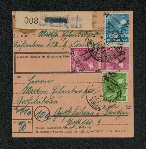 h5549 SBZ Handstempel Bezirk 14 Paketkarte Freiberg Weißenborn Poststelle I 25.6