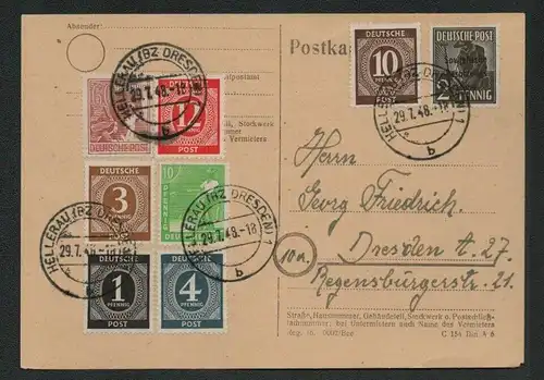 h5233 Postkarte  Währungsreform 1948 Bezirk 14 Zehnfachfrankatur + SBZ Aufdruck