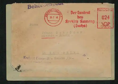 h5322 SBZ Währungsreform 1948 Briefe Freistempel 29.7. Landrat d. Kreises Kamenz