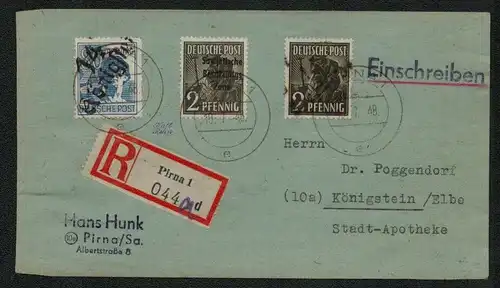 h5330 SBZ Handstempel Bezirk 14 R-Brief Königstein Liebstadt Ortsfremd in Pirna