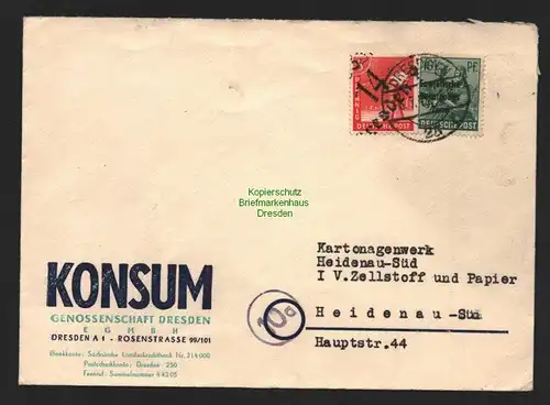 h4490 SBZ Bezirkshandstempel Bezirk 14 Brief Dresden 23 Konsum an Kartonagenwerk