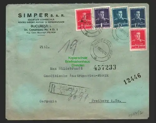 B8799 Brief Einschreiben Simper S. A. R. Rumänien Bucuresti 1943 Freiberg Zensur