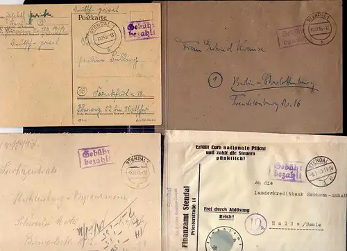 B775 10x SBZ Brief Karte Gebühr bezahlt 1945 Stendal Finanzamt Hoheitszeichen au