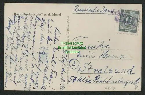B6853 Postkarte Notstempel Schönermark Kr. Prenzlau  1946 nach Stralsund