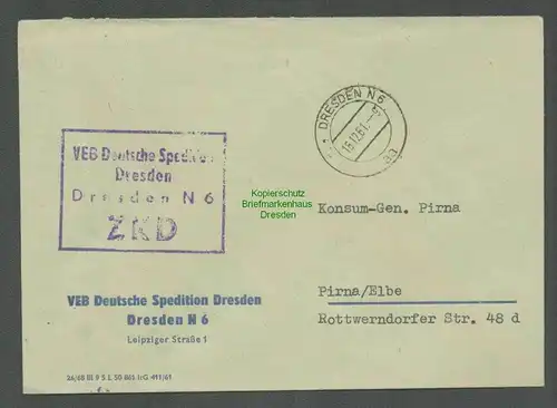 B5215 DDR ZKD Brief Dresden VEB Deutsche Spedition 1961 nach Pirna
