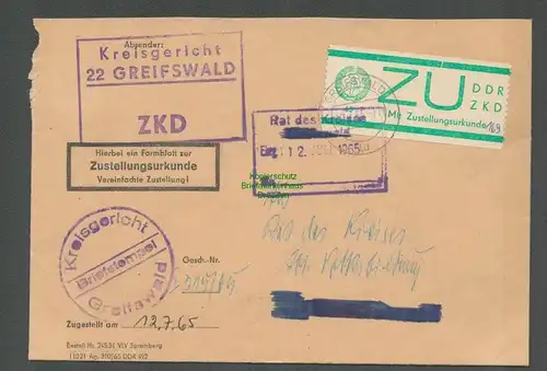 B5148 DDR ZKD ZU 1 Brief Kreisgericht Greifswald Zustellungsurkunde 1965