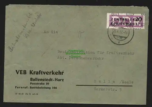 B4743 DDR ZKD B 11 Brief 8013 Quedlinburg Kraftverkehr Ballenstedt nach Halle