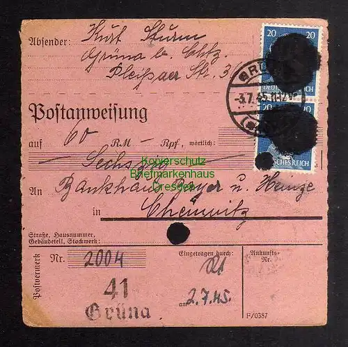 B2835 Sächsische Schwärzung 1945 Postanweisung 41 Grüna - Chemnitz 2.7.45
