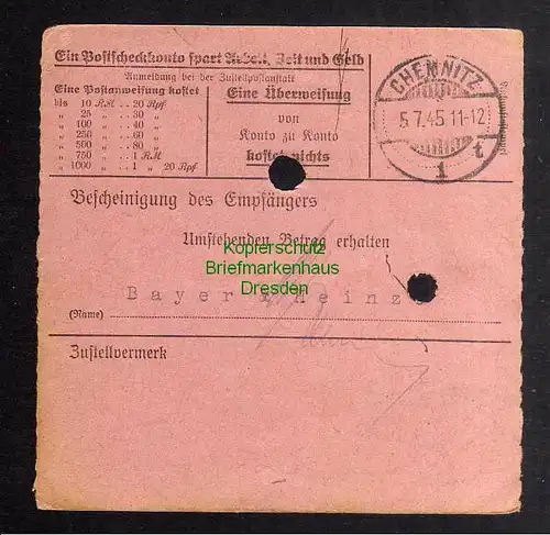 B2835 Sächsische Schwärzung 1945 Postanweisung 41 Grüna - Chemnitz 2.7.45