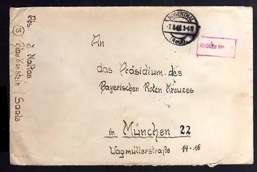 B2147 Brief SBZ Gebühr bezahlt 1946 Rosenthal Reuß Bayr. Rotes Kreuz Suchkartei