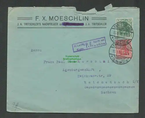 B-5459 Deutsches Reich Brief 1916 Zensur Sanct Ludwig Elsaß P. K. Ppstkontrolle