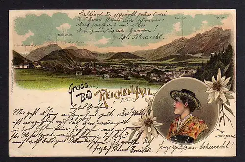 99817 AK Litho Bad Reichenhall Frau Tracht Panorama 1903