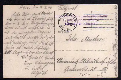 87068 AK Posen Dominsel 1916 feldpost Grenadier Kaserne