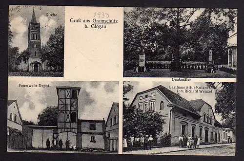 81131 AK Gramschütz bei Glogau 1933 Feuerwehr Depot Gasthaus Kutzner Kirche