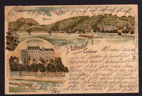 79125 AK Koblenz Pfaffendorf 1898 Litho Hotel Rheinhof Pension Gartenwirtschaft