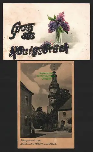 143187 2 AK Gruss aus Königsbrück 1918 Denkmal 1870 1871 und ev. Kirche 1942