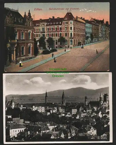 143279 2 AK Zittau Bahnhofstraße mit Postamt um 1915 Panorama 1940