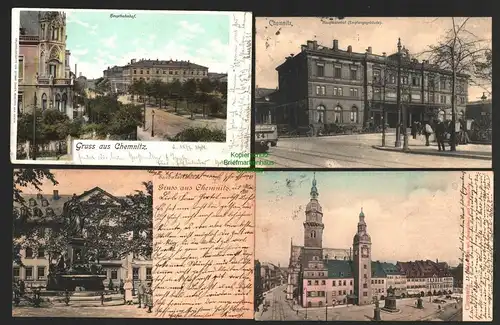 142677 4 AK Chemnitz Hauptbahnhof 1907 Hauptmarkt Jacobikirche Saxoniabrunnen