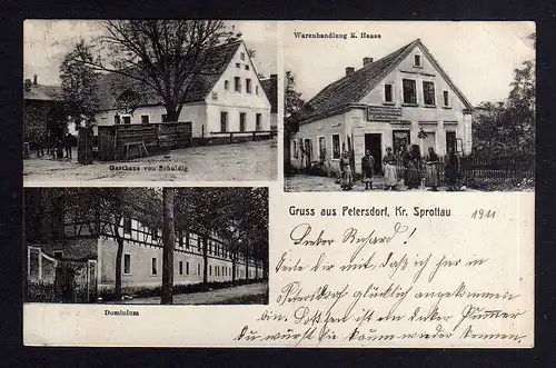108503 AK Petersdorf Kr. Sprottau 1911 Dominium Gasthaus Schuldig Warenhandlung