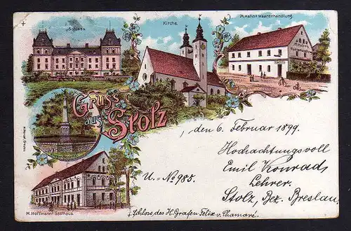 108721 AK Stolz Bez. Breslau 1899 Litho Schloß Kirche Warenhandlung Gasthaus Hof