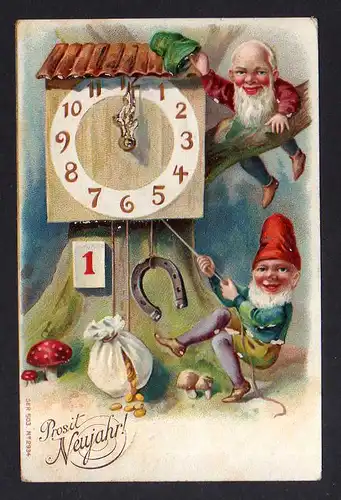 108954 AK Neujahr 1906 Litho Zwerge Hufeisen Pilz Sack mit Geld Goldmünzen Uhr