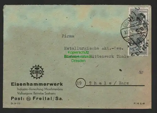 h4114 SBZ Bezirkshandstempel Bezirk 14 Brief Freital Eisenhammerwerk n. Thale