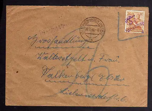 h3007 Handstempel Bezirk 37 Stavenhagen 26.7.48 Marke ungültig 36 Nachgebühr nac