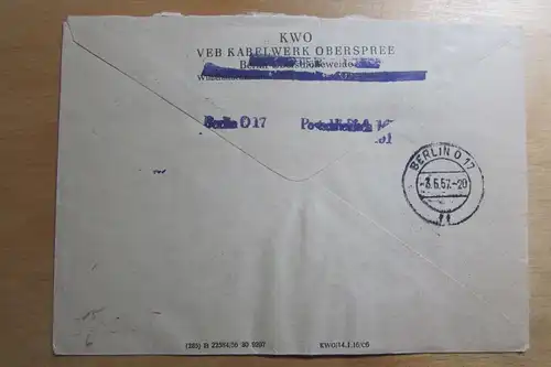DDR Aufdruck Kontrollzahlen 1605 Berlin ZKD 11 Brief KWO VEB Kabelwerk Oberspree