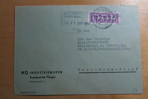 DDR Aufdruck Kontrollzahlen 1514 Plauen Vogtl. ZKD 15 Brief HO Industriewaren an
