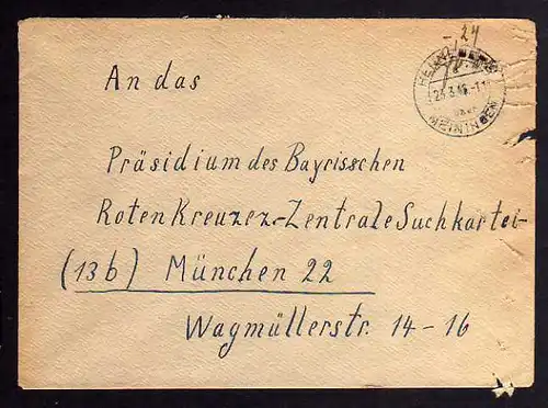 B970 SBZ Brief Gebühr bezahlt 1946 Henneberg über Meiningen an Zentrale Suchkart